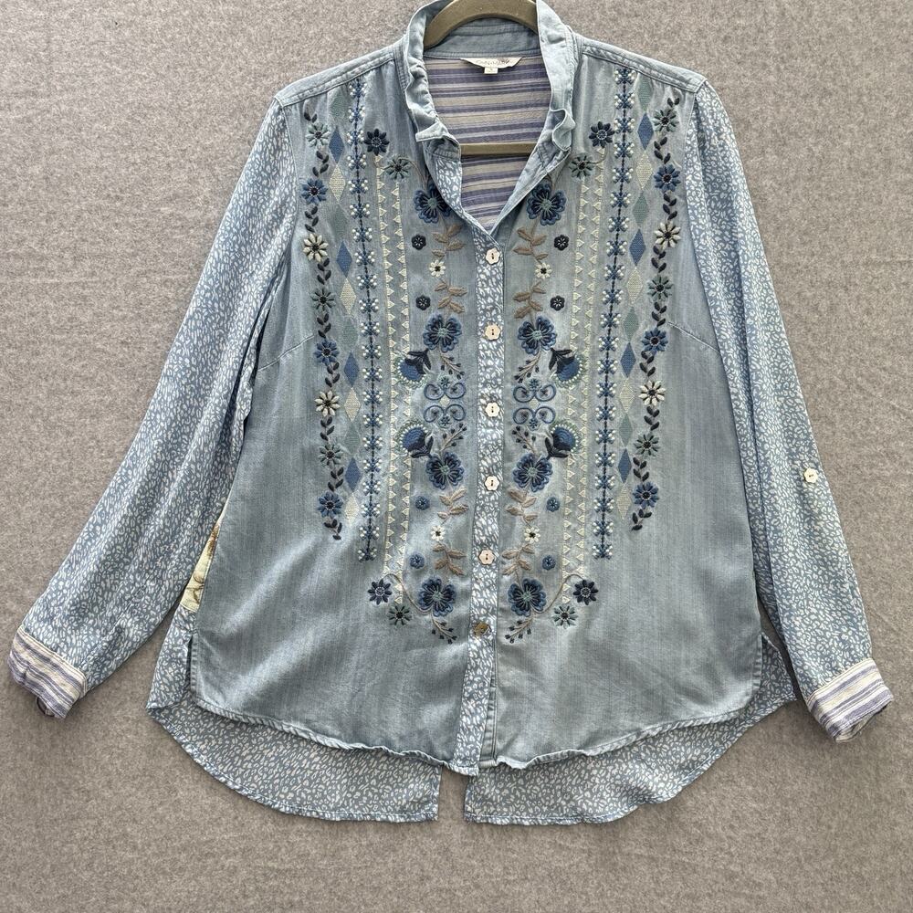 John Mark Mixed Print‎ Embroidered Shirt Sz S Blue Patchwork Boho Coastal Artsy